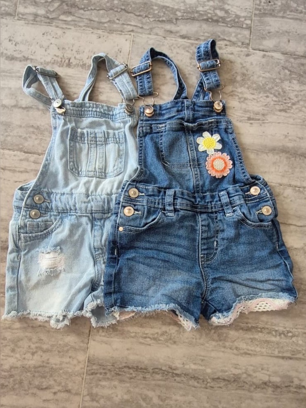 wonder nation Denim Short Overalls in Light and Dark Blue with Floral Patch